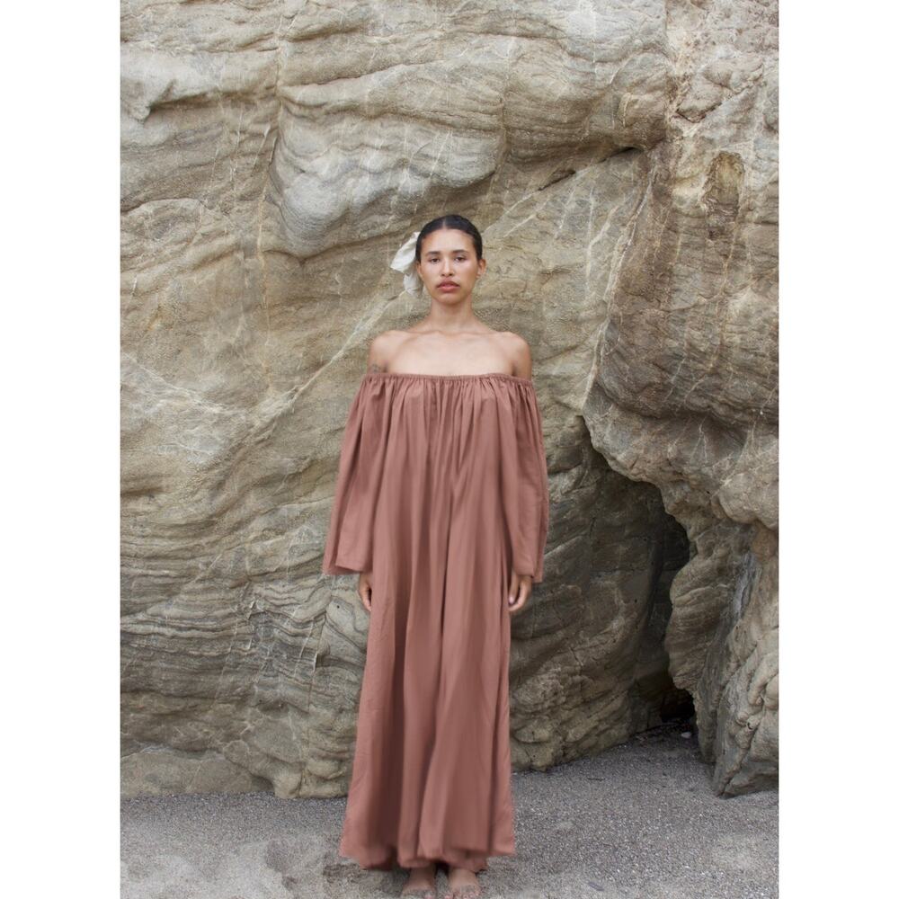 Perle Mer Angel Dress Cacao Maxi Organic Cotton Peasant Small Rust Brown
